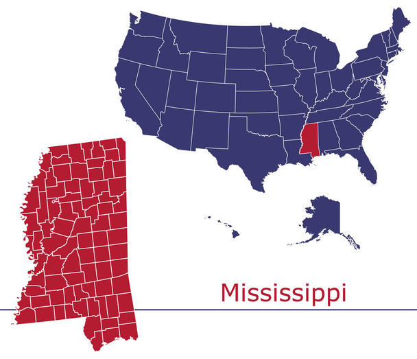 Mississippi counties vector map with USA map colors national flag - Vector, Image