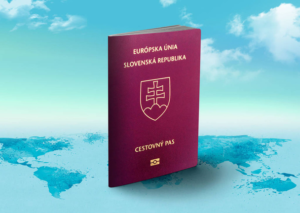 Slovakia Passport on world map with clouds in background - Photo, Image