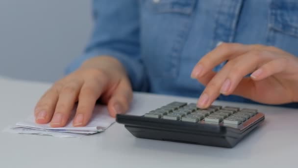Μετρήστε επιταγές. νεαρή γυναίκα ελέγχει τους λογαριασμούς, τους φόρους, το υπόλοιπο του τραπεζικού λογαριασμού και τον υπολογισμό των εξόδων στο σαλόνι στο σπίτι - Πλάνα, βίντεο