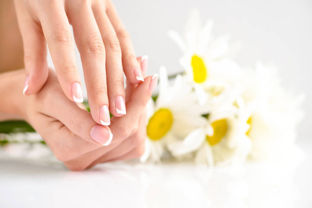 Hermosa mujer francesa manicura manos con flores frescas de margarita  - Foto, Imagen
