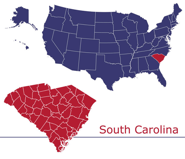 South Carolina counties vector map with USA map colors national flag - Vector, Image