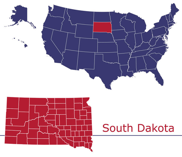 Południowa Dakota County wektor mapa z Usa map kolorów flaga narodowa - Wektor, obraz
