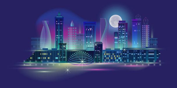 Night city panorama with moon and neon glow. Vector illustration. - Vector, Image