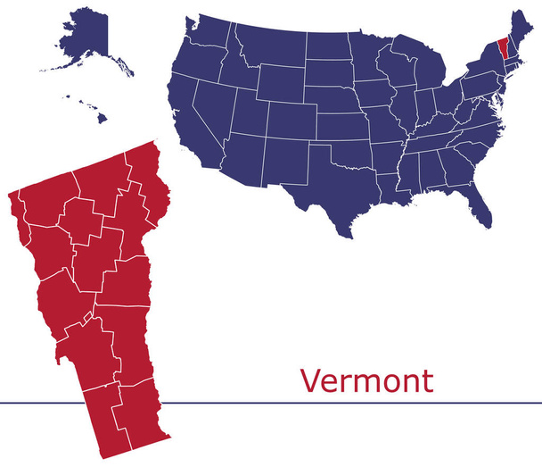 Vermont krajů vektorová mapa s USA map barvy národní vlajky - Vektor, obrázek