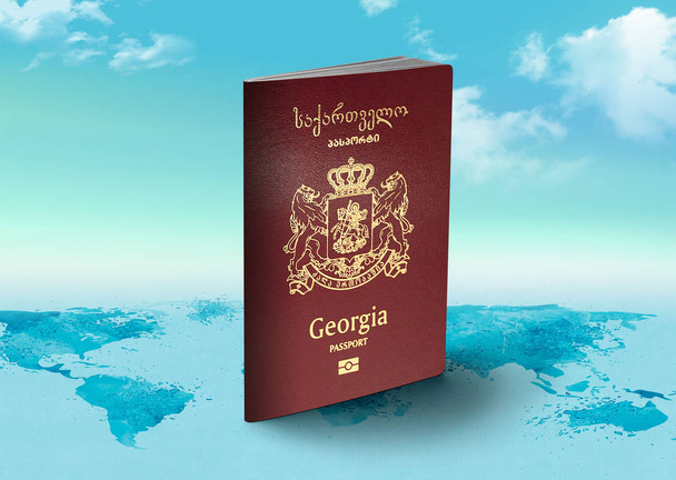 Géorgie Passeport sur la carte du monde avec nuages en arrière-plan
 - Photo, image