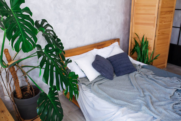 gemütlicher Schlafzimmerbereich im Luxus-Studio-Apartment mit kostenlosem Layout im Loft-Stil mit großem Panoramafenster und grüner Bepflanzung. - Foto, Bild