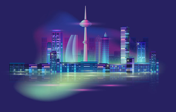 Night city panorama with neon glow. Vector illustration. - Vector, Image