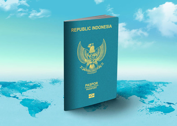 Indonésia Passaporte no mapa do mundo com nuvens no fundo
 - Foto, Imagem