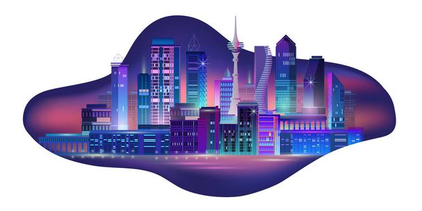 Night city panorama with neon glow. Vector illustration. - Vector, Image