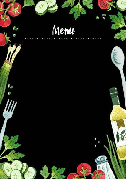 Conjunto de alimentos ecológicos para papel de diseño, papel pintado, embalaje, web, menú, fondo. Acuarela dibujada a mano
. - Foto, Imagen