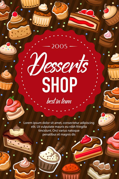 Sweet dessert cakes, bakery pastry shop food - Vector, Image