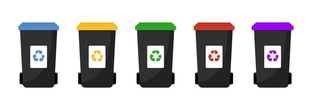 Garbage cans vector flat illustrations. Sorting garbage. Ecology and recycle concept. Black recycle trash bins isolated on white background. - Vector, Image