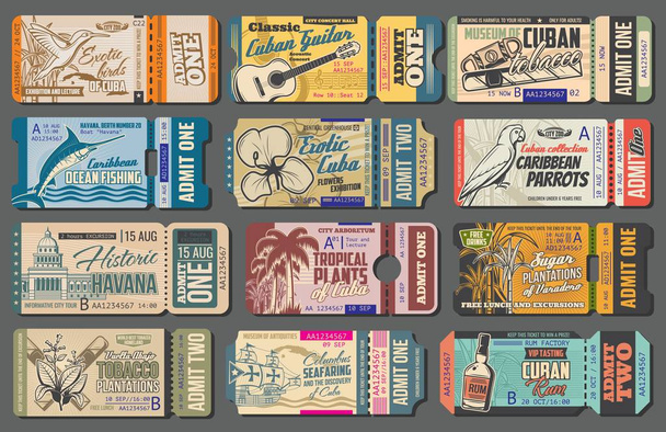 Cuba travel landmarks and sightseeing tour tickets - Vector, Image