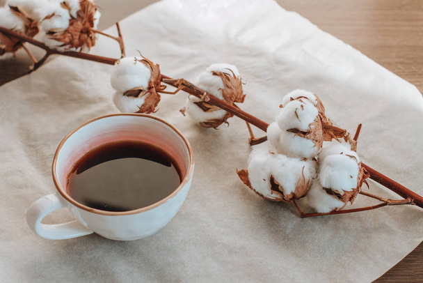 taza de café americano y una rama de algodón-planta sobre papel de hornear, vista superior
 - Foto, imagen