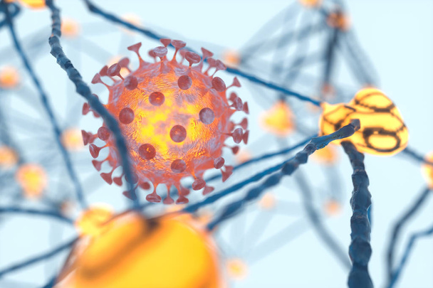 Διασπαρμένοι ιοί του στέμματος με φόντο το νευρικό σύστημα, 3d απόδοση - Φωτογραφία, εικόνα