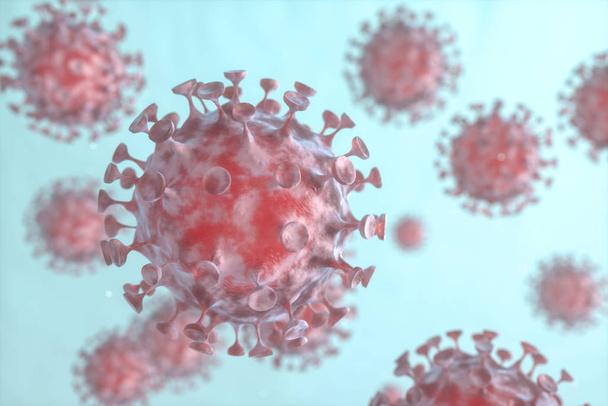 Дисперсные коронные вирусы с голубым жидким фоном, 3D рендеринг
 - Фото, изображение