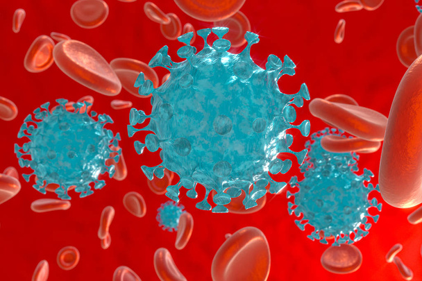Διασπαρμένοι ιοί του στέμματος με φόντο το αίμα, 3d απόδοση - Φωτογραφία, εικόνα