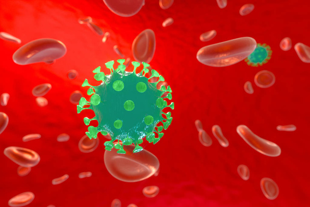Verspreide corona-virussen met bloedachtergrond, 3d-rendering - Foto, afbeelding