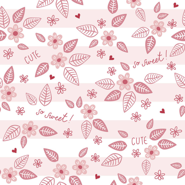 little pink flowers and messy leaves on blooming meadow seasonal floral seamless pattern on white pink striped background - ベクター画像
