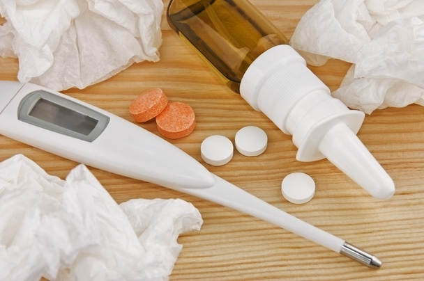 Thermometer, pills, nasal spray - Photo, Image