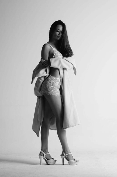sexy brunetka kobieta nosić futro i bielizna. - Zdjęcie, obraz