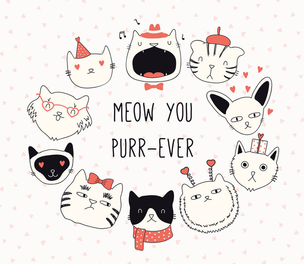 Kézzel rajzolt Valentin napi kártya aranyos macskák kalapban, szívvel, szöveges Miau you dorr-ever elszigetelt fehér háttérrel. Tervezési koncepció gyerekeknek kártya - Vektor, kép
