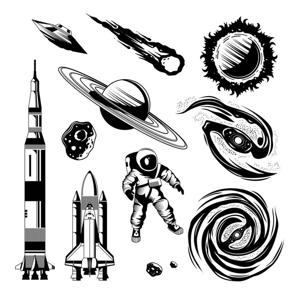 Space Engraving Hand Drawn Set - Vector, Image