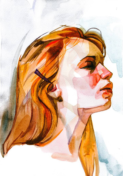 Modern Young red headed woman portrait hand drawn watercolor illustration - Photo, Image
