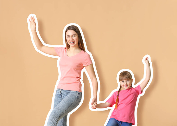 Onnellinen äiti ja hänen pieni tyttärensä tanssivat väritaustaa vasten
 - Valokuva, kuva