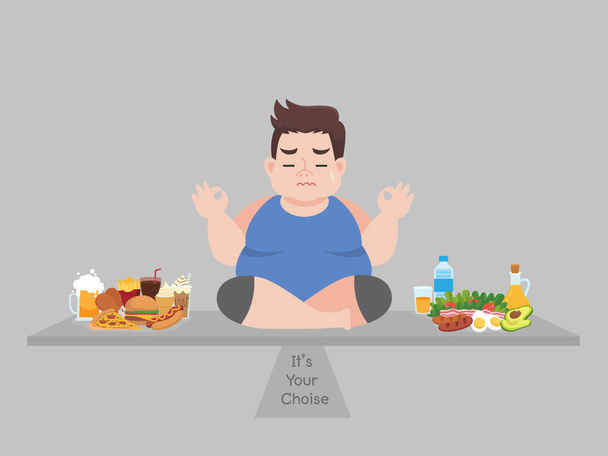 Большой толстый человек рассмотреть возможность выбора между нездоровой пищи или хорошей еды, диетические мультфильмы, похудеть, здравоохранения концепции
. - Вектор,изображение