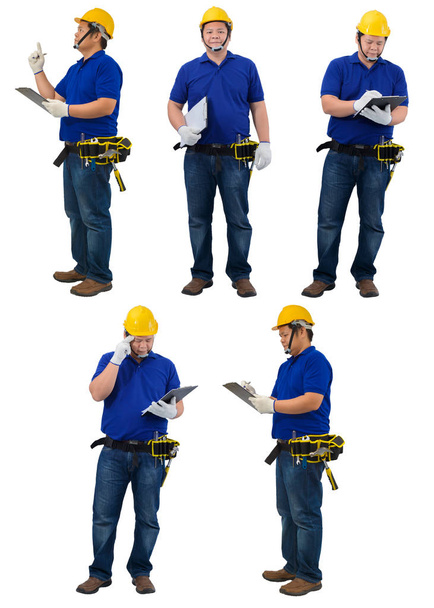collection set of construction foreman in blue shirt with Protec - Photo, Image