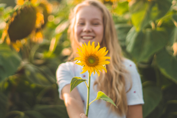 schöne junge Frau in einem Sonnenblumenfeld. Porträt einer jungen Frau in der Sonne. Pollenallergien-Konzept. - Foto, Bild
