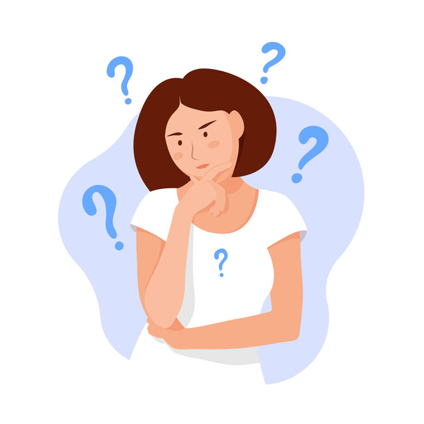 Woman thinks. Question. Thinking girl concept. Girl solves a problem. Cartoon thinking woman with question marks. Vector - Vector, Image