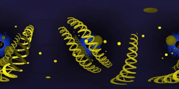 Ilustración 3d de la estructura del ácido desoxirribonucleico del ADN. Equirectangular 360 VR imagen. El fondo médico panorámico
. - Foto, imagen