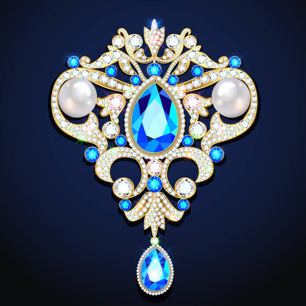 Illustration of a gold jewelry brooch pendant with precious stones and pearls - Διάνυσμα, εικόνα
