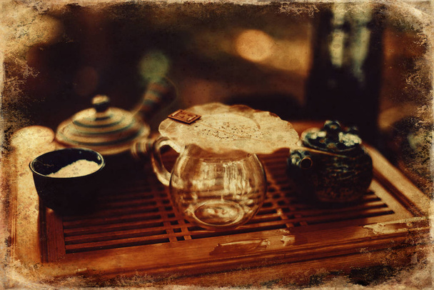 Tea set for tea ceremony and old photos effect with border. - Photo, Image
