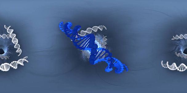 Ilustración 3d de la estructura del ácido desoxirribonucleico del ADN. Equirectangular 360 VR imagen. El fondo médico panorámico
. - Foto, imagen