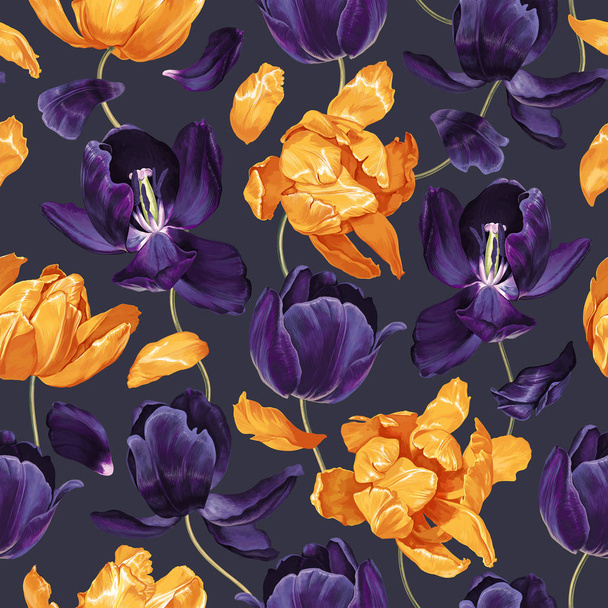 Floral seamless pattern with yellow and navy blue tulip flowers. - ベクター画像