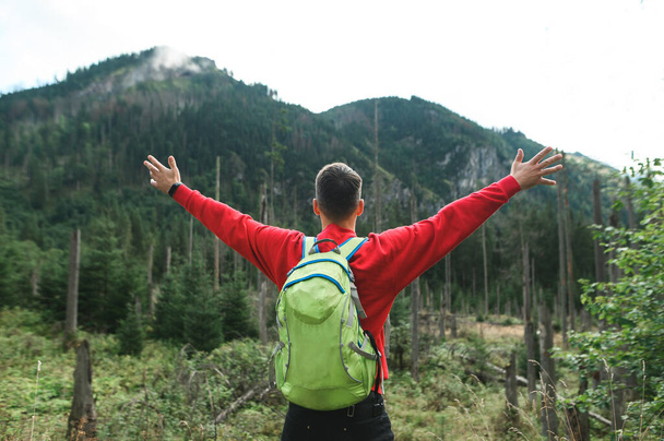 Свободный турист-мужчина с рюкзаком стоит на фоне красивого пейзажа с нетронутой природой, подняв руки. Турист гуляет по заповеднику и наслаждается красотой природы
. - Фото, изображение