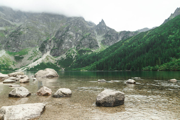 Pedras e água clara clara em um belo e grande lago de montanha. Parque Nacional Tatra, Morskie Oko. Montanhas Tatra. Espaço para cópia. Contexto
. - Foto, Imagem