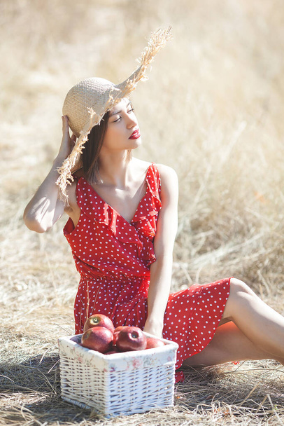 Porträt einer jungen schönen Frau mit Strohhut auf sommerlichem Hintergrund. Weibchen mit frischen Äpfeln in der Natur. - Foto, Bild