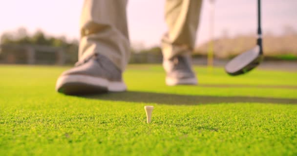 A golfozó golflabdát tesz a golfpályára. Közelkép. - Felvétel, videó