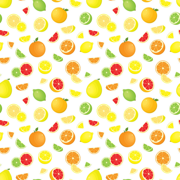 Vector seamless pattern of various, realistic, whole and sliced citrus fruits, isolated, on white background. - Vector, Image