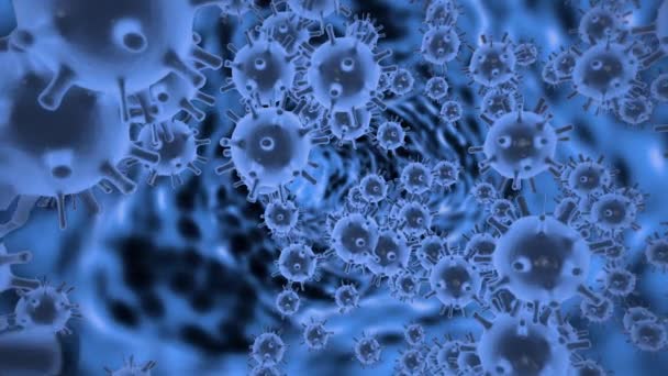 Pathogene coronavirus 2019-ncov cellen in bloedvaten in de vorm van blauwe cellen drijvend op de achtergrond van de wanden van het vat. Geanimeerde epidemische virussen concept. 3d weergave van slow motion in 4k video - Video