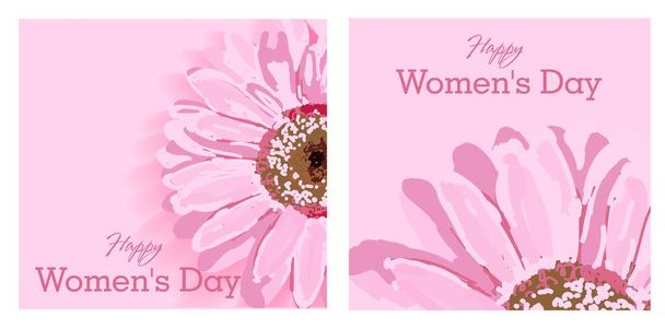 Jeu de cartes de vœux. Womens day text design avec des fleurs et fond rose. Illustration vectorielle. Salutation de jour des femmes design. Modèle pour affiche, carte, bannière. 8 mars
.. - Vecteur, image