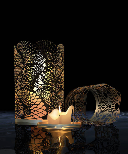 Zwei goldene, durchbrochene, dekorative Kerzenleuchter mit separaten, brennenden Schlackenkerzen, umgeben von Wasser mit Spiegelungen und schönen Schatten auf dem Wasser, die nachts eine geheimnisvolle, mystische Atmosphäre erzeugen. 3D-Darstellung - Foto, Bild