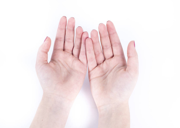 világos bőrű nő kezét fehér háttér különböző pózok - Fotó, kép