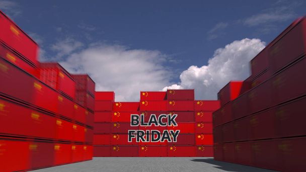 Container mit Black-Friday-Text und Nationalflaggen aus China. Chinesischer Handel im Zusammenhang mit 3D-Rendering - Foto, Bild