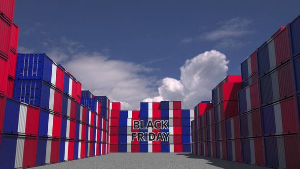 Frachtcontainer mit schwarzem Freitagstext und französischen Flaggen. Französischer Handel im Zusammenhang mit 3D-Rendering - Foto, Bild