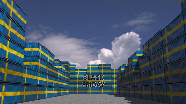 Container mit Black-Friday-Text und schwedischen Nationalflaggen. Schwedischer Handel im Zusammenhang mit 3D-Rendering - Foto, Bild
